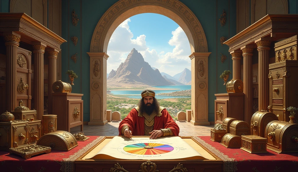 Create an image of Solomon in a planning room, surrounded by different types of safes and treasure containers, each representing different investments: fertile lands, gem stones, trade caravans and natural resources. Solomon is meticulously writing down his plans on a scroll, with diversification symbols drawn around it, like a wheel divided into several sections. No fundo, Through a large window, show different landscapes – mountains, agricultural fields, commercial ports – representing the variety of your investments and preparation for a solid financial future.