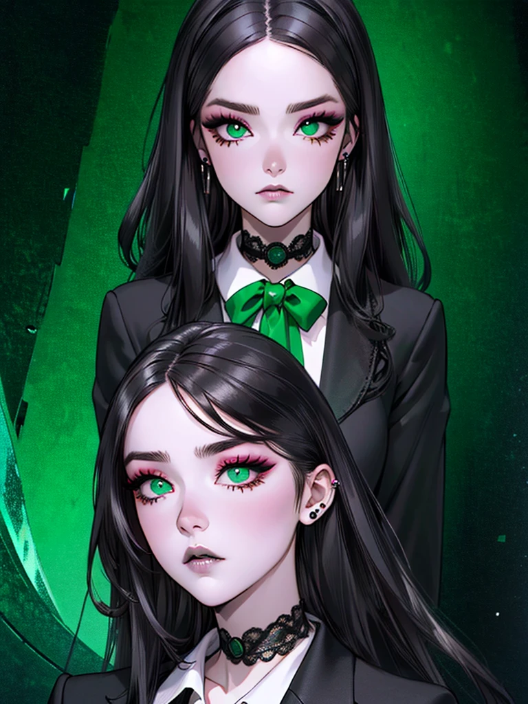 emo_hairstyle, ((tight black suit)), (black lace blazer), black tie, ((long hair)), ((straight hair)), (((black hair))), side swept bangs, white skin, pale, white, (green eye), tired expression, choker, ((dark makeup, mascara, eyeshadow)), multiple piercings, best quality, 8k, dark laboratory, dim lighting, white shirt, erotic, slytherin
