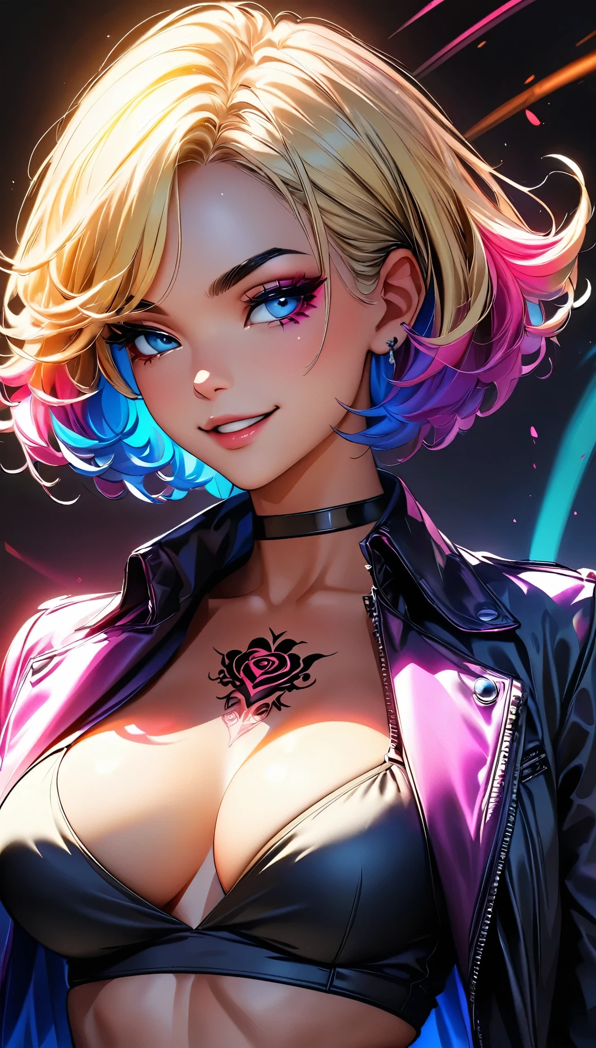 (Highest quality:1.2, Very detailed, up to date, Vibrant, Ultra-high resolution, High Contrast, masterpiece:1.2, Best aesthetics), (((1 person, beautiful girl))), black leather rider jacket, Black tube top, Showing off cleavage, Blonde and rainbow bicolor hair, ((Very Short Hair, Different hair colors on the left and right)), Open your mouth, Wicked Smile, Gal Makeup, Black choker, ((Black rose tattoo on chest)), Face Close Up, Dramatic colors, Chiaroscuro, Sexy pose.