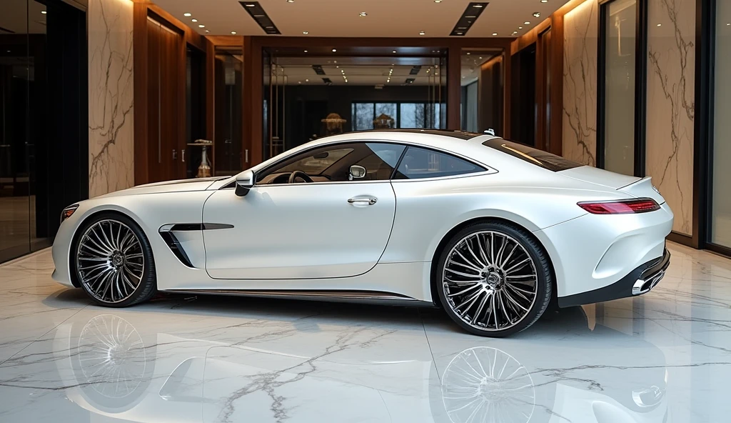 A side view of the 2025 Mercedes-Maybach SL Mythos Series in pristine white, displayed in a luxurious showroom. The car's sleek, aerodynamic lines are highlighted by the glossy white finish, exuding elegance and sophistication. The long, graceful profile is accentuated by polished chrome accents and large, intricately designed wheels. The luxury showroom, with its polished marble floors, expansive glass walls, and ambient lighting, provides a refined and opulent backdrop. The stylish decor and attention to detail in the showroom enhance the exclusive and majestic presence of the Mercedes-Maybach SL Mythos Series