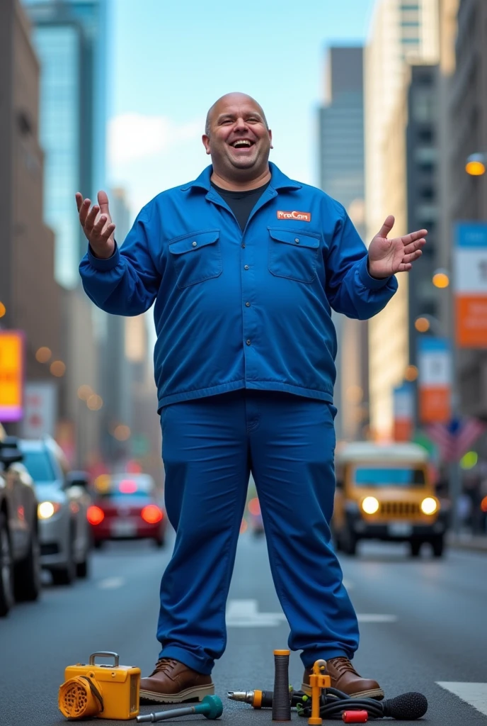 BALD, FAT MAN IN BLUE PROCON UNIFORM WITH PROCON LOGO