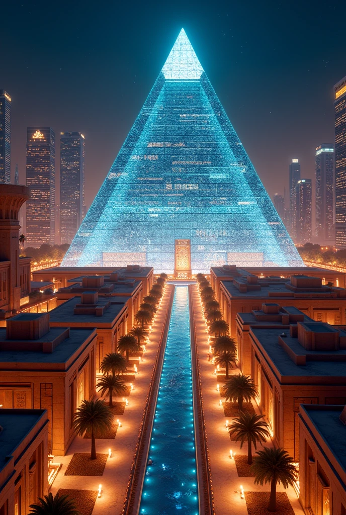 Create a blend of an ancient Egyptian city with modern 21st century features illuminated at night with a luxurious modern pyramid illuminated at night aerial view