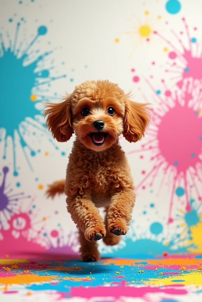 A brown toy poodle playing in a colorful ink splattered area