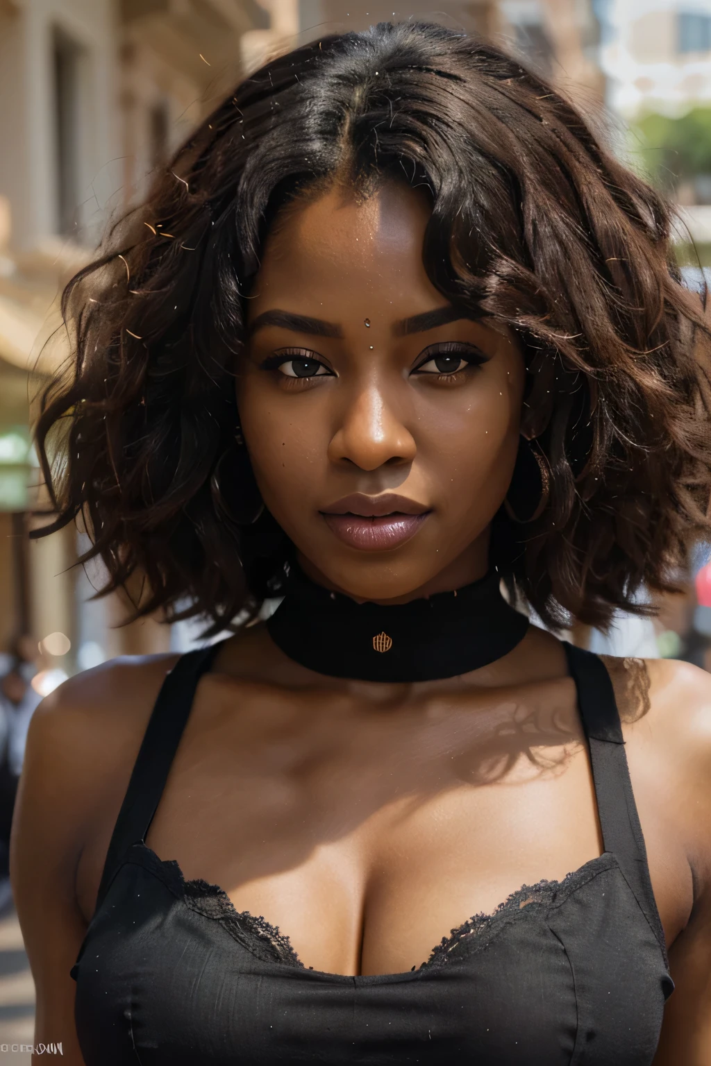 8k highly detailed face front view photo, beautiful black woman with chocolate skin 8k, expressive face, very light green eyes, pink mouth, marked makeup, African capital street background, black long curly hair detailed 8k