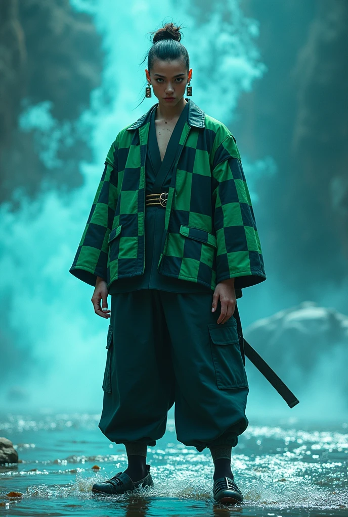 Demon Slayer live-action version。
The background is a water aura。
Standing with a Japan sword。Thick chinos。
The jacket is a two-tone green and black check pattern.。
Wearing geta。
Bruise on the left side of the forehead。
Rectangular earrings on both ears。