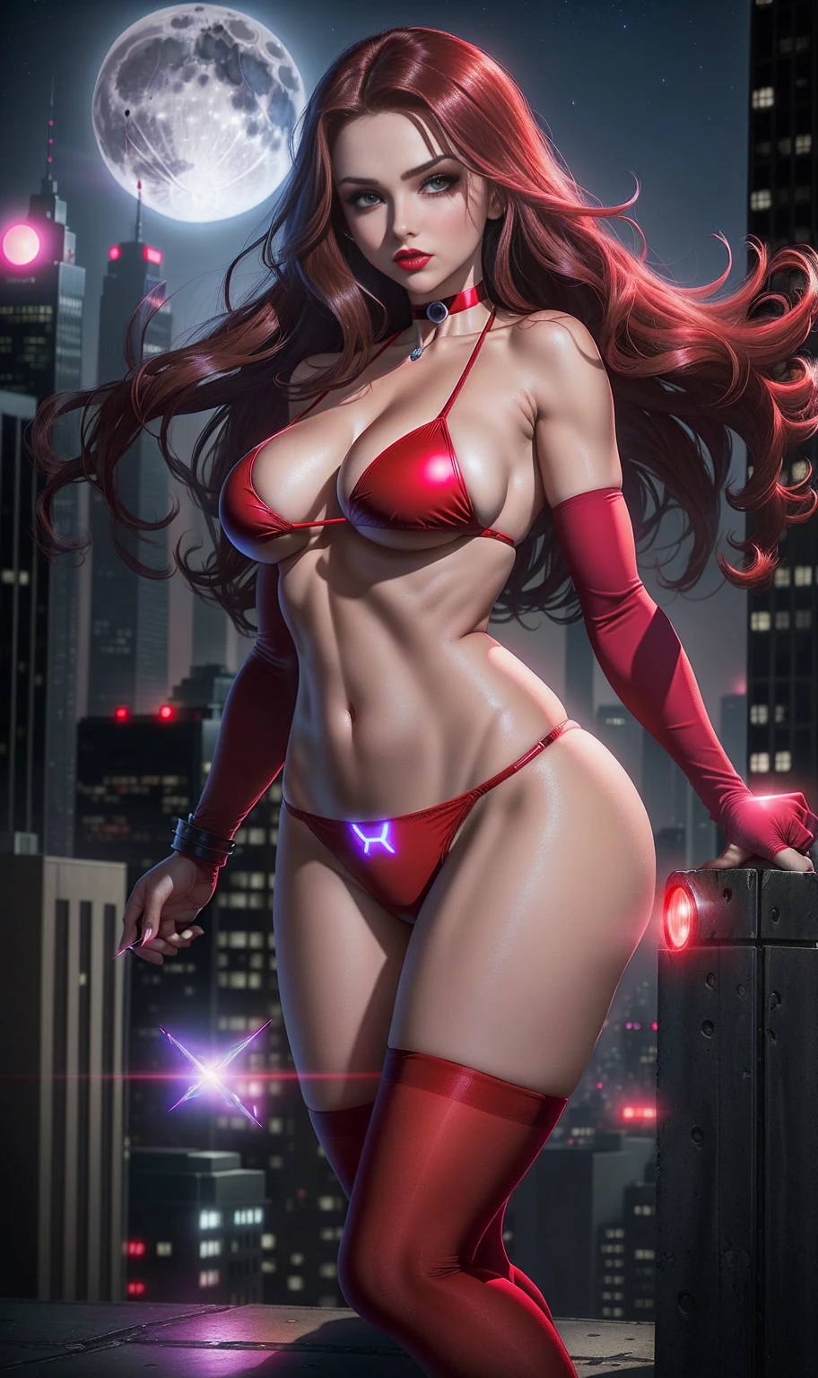 standing, STAND UP, Scarlett Witch from the X-Men comic book series)) (beautiful face)(glowing eyeballs)(Red lips) ((long brown straight hairstyle))) ((very big tits) (perfect slim body) (wears a sexy, tiny red bikini, red long socks))((mitts, choker)) ((magic hands)) (posing sexy on the skyscraper rooftop at night, fullmoon)) (High definition, Incredible lights and shadows) ((work of art)) (8k) (face perfect) (best qualityer) (perfect hands, eyeballs, Yeah man)((magical power floating around)), SEMINUA, sexy panties, STANDING UP, standing