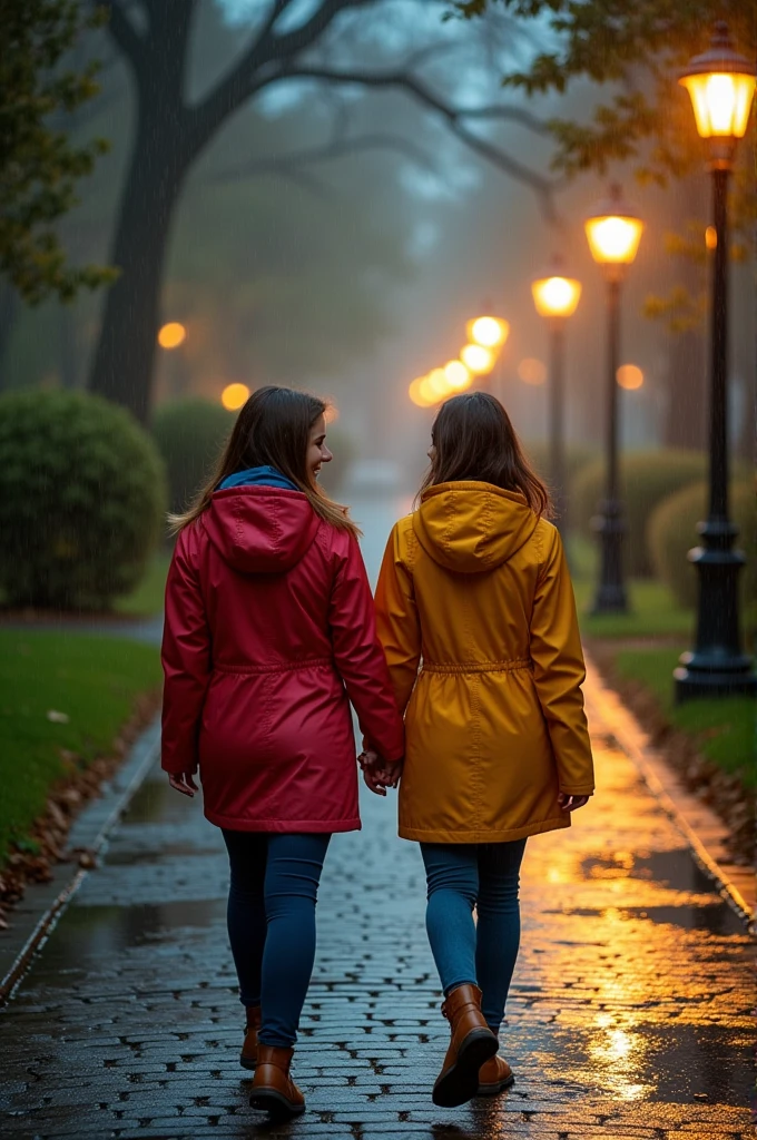 Two best friends walking together in the park at night, full rain, lamp lights 