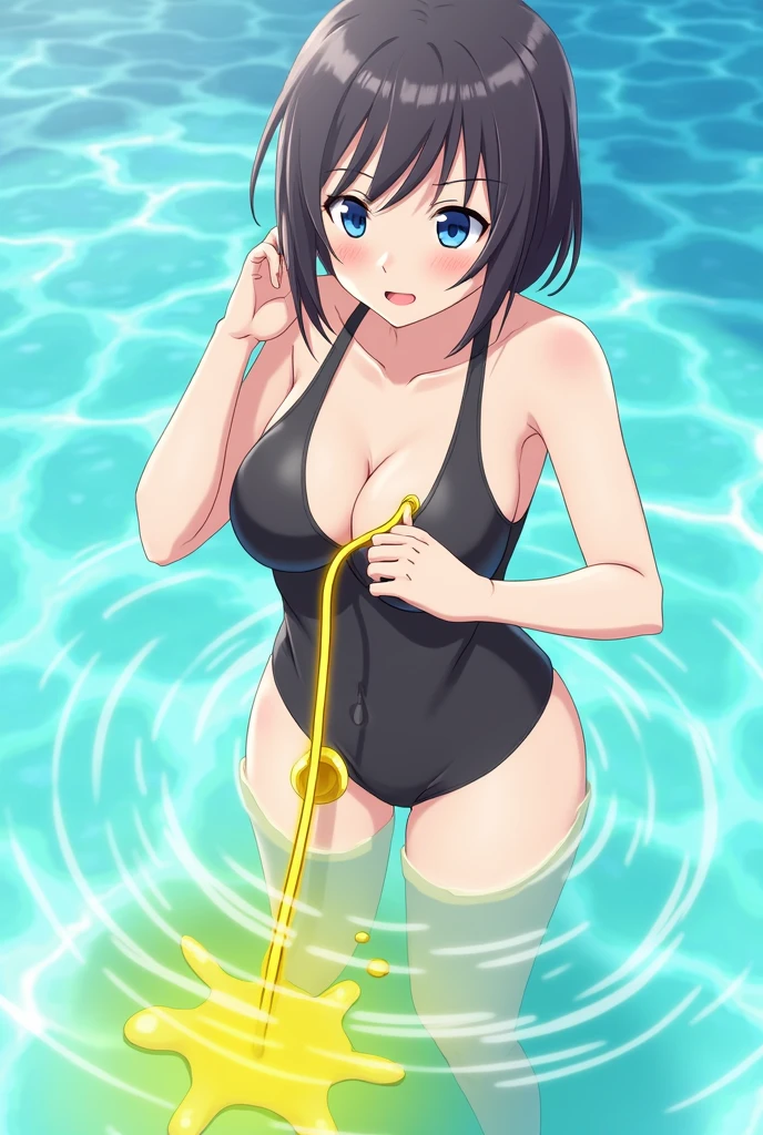 Anime, girl, girl in a swimsuit, girl in a swimsuit with a tube that is inserted into a swimsuit, pees, pees herself, pees with yellow urine, pees into a tube that is inserted into a swimsuit, yellow urine flows from a tube that is inserted into a swimsuit, urine flows into the pool, bright yellow urine dissolves in the pool