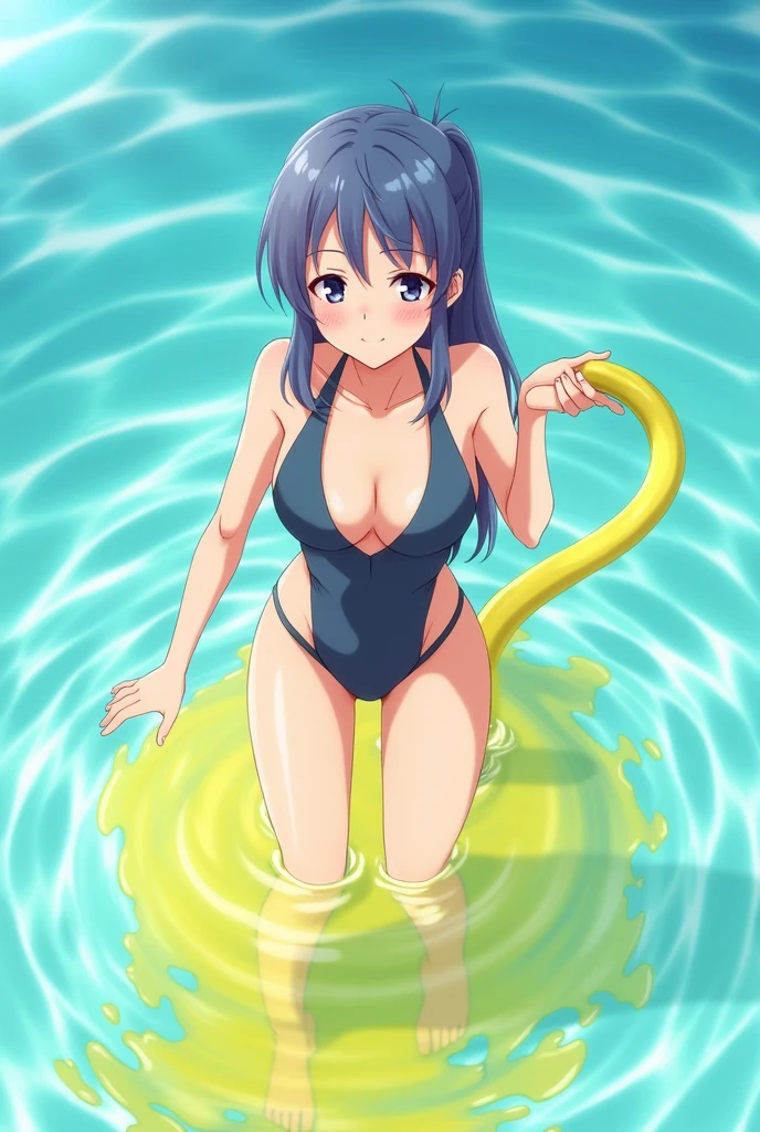 Anime, girl, girl in a swimsuit, girl in a swimsuit with a tube that is inserted into a swimsuit, pees, pees herself, pees with yellow urine, pees into a tube that is inserted into a swimsuit, yellow urine flows from a tube that is inserted into a swimsuit, urine flows into the pool, bright yellow urine dissolves in the pool