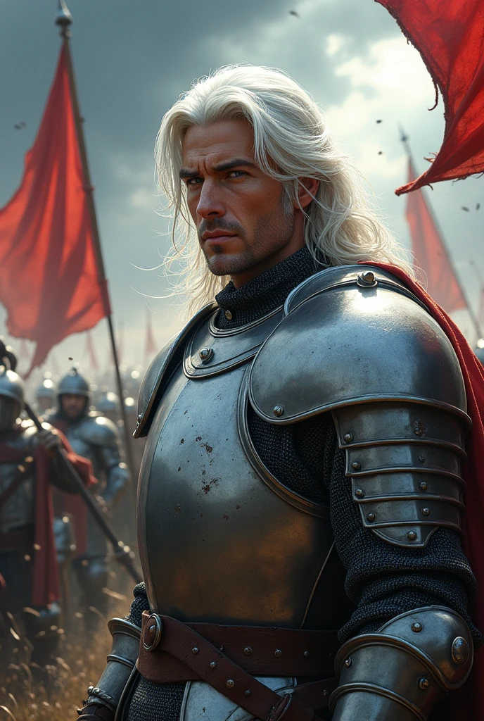 Royal Knight, white hair, blue eyes, fair skin with silver armor being in a war against two kingdoms, with him leading his entire battalion
