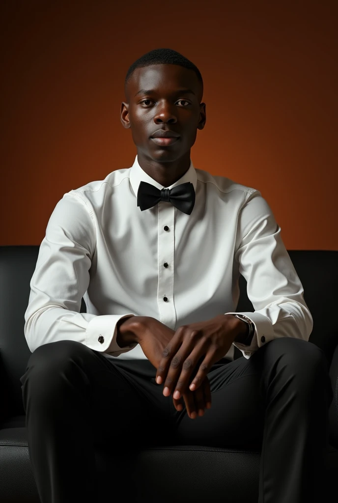best qualityer:1.4), (ultra high resolution:1.2), (photorrealistic:1.4), (8k, CRU photo:1.2), a thin young man of 20 years old, skin black, with a smooth, beardless face, corte de cabelo buzzcurt. He is wearing a white button-down shirt. He's wearing a black bow tie. He is wearing black dress pants and black shoes.. He is sitting on the black sofa. is in a photography studio with a brown background.