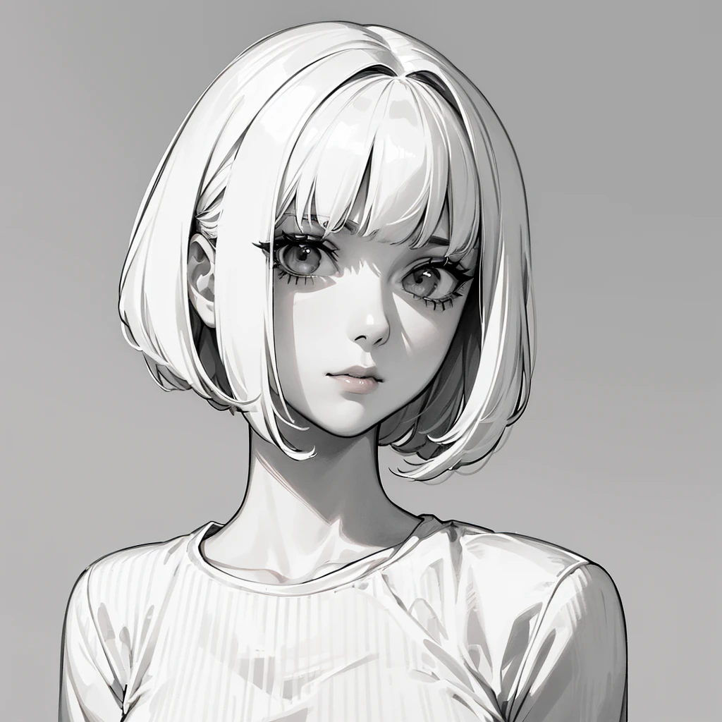 1girl, solo, monochrome, greyscale, short black hair, portrait, sharp eyes, white T-shirt, closed mouth, looking at viewer, sketch, graphite \(medium\), detailed lips, hatching \(texture\), without makeup, bangs, upper body, (best illustration), (best quality), (very detailed), (masterpiece), expressionless,