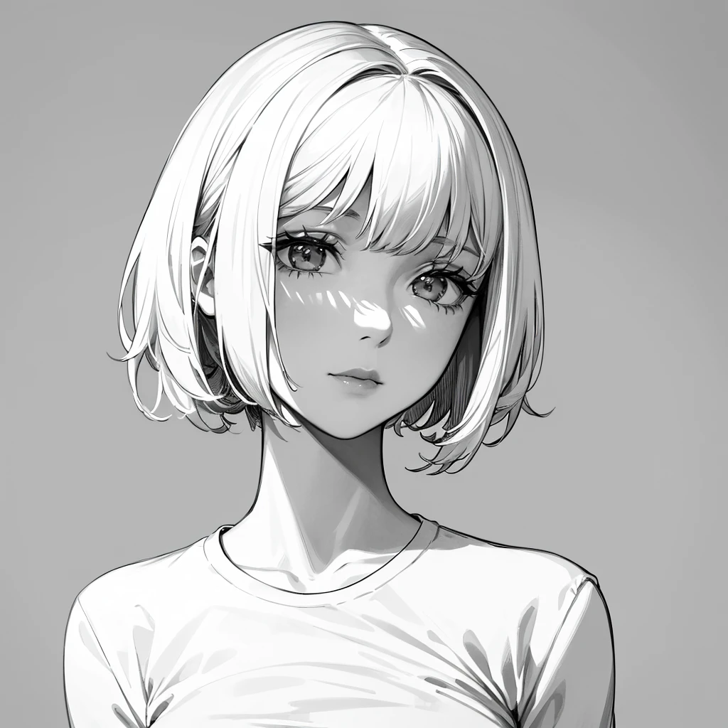 1girl, solo, monochrome, greyscale, short black hair, portrait, sharp eyes, white T-shirt, closed mouth, looking at viewer, sketch, graphite \(medium\), detailed lips, hatching \(texture\), without makeup, bangs, upper body, (best illustration), (best quality), (very detailed), (masterpiece), expressionless,