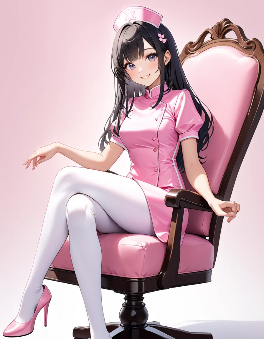 Woman, cute, adorable,  smiling, straight hair, long hair, black hair, (sitting on chair:1.8),
(crossed legs:1.3),
 BREAK (light-pink theme:1.4), (light-pink nurse cap on head:1.4), (elegant and glossy pink satin fabric luster:1.3), ((fit and flare, A-line):1.3), (fusion of very short sleeve light-pink satin one-piece dress and A-line ultra miniskirt:1.4), ((high neck, side open stand collar):1.3), ((closed-fitting, emphasizes body line):1.3), ((white overknee socks, white thigh-high tights):1.3), (pumps:1.2),