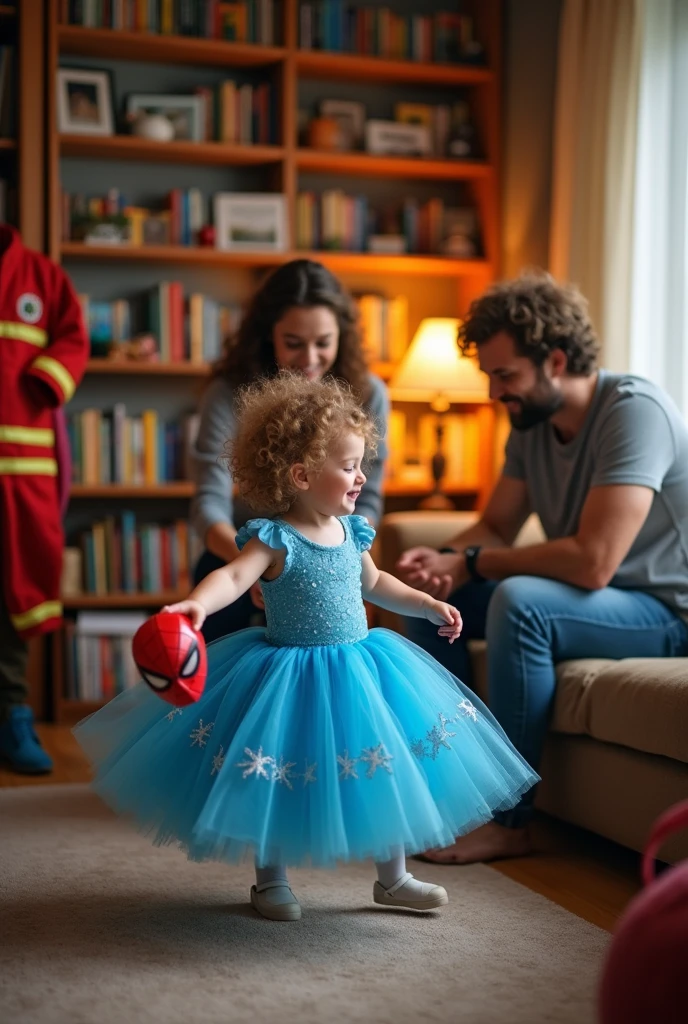 A tall, strong man with curly hair and a brown-haired woman playing with a three-year-old girl who is dressed in a blue tutu with little webs embroidered on the clothes, in a room with bookshelves and a firefighter&#39;s outfit in the background, In her hand she holds a Spider-Man mask

