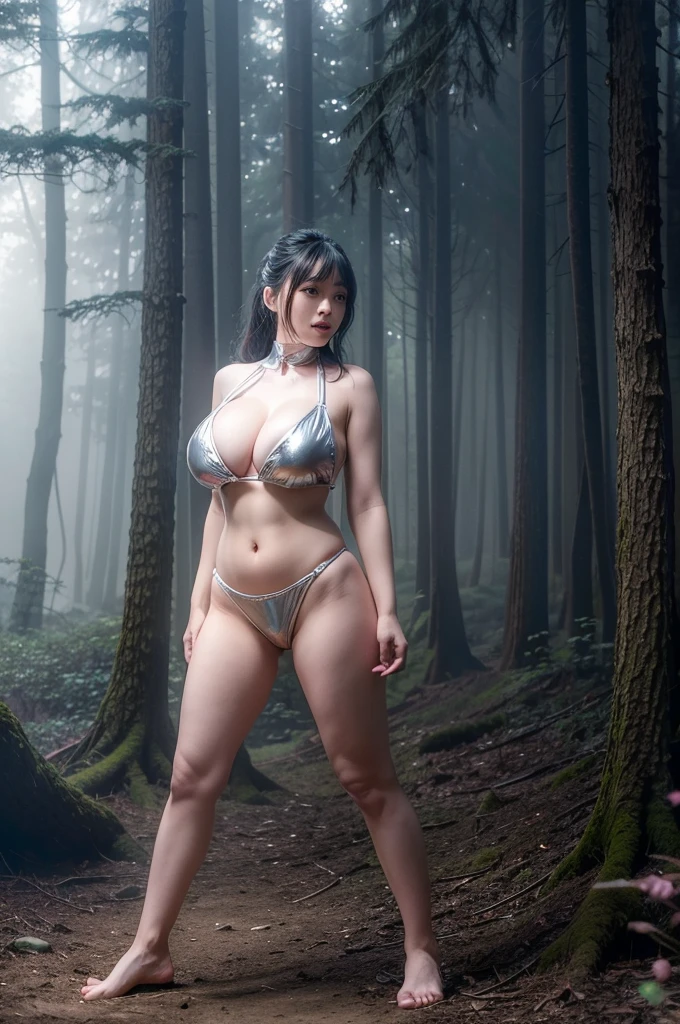 Japanese cute girl in silver bikini standing in front of a unicorn, In a fantastical forest shrouded in mist, (Foggy forest), (unicorn), (((huge breasts))), (((realistic))), (((High resolution))), Full body view