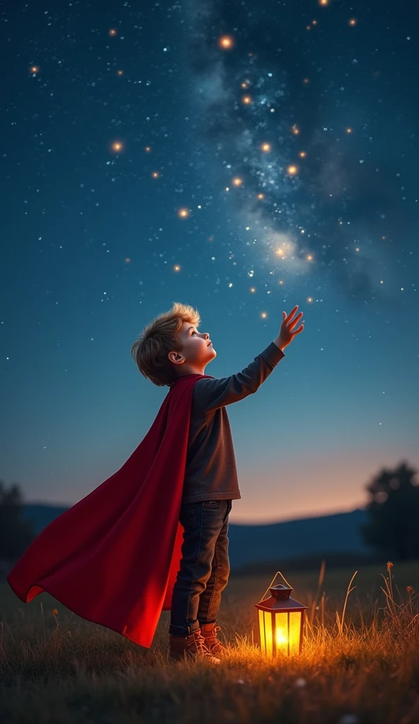 A scene of a child chasing his dreams looking up at the stars。