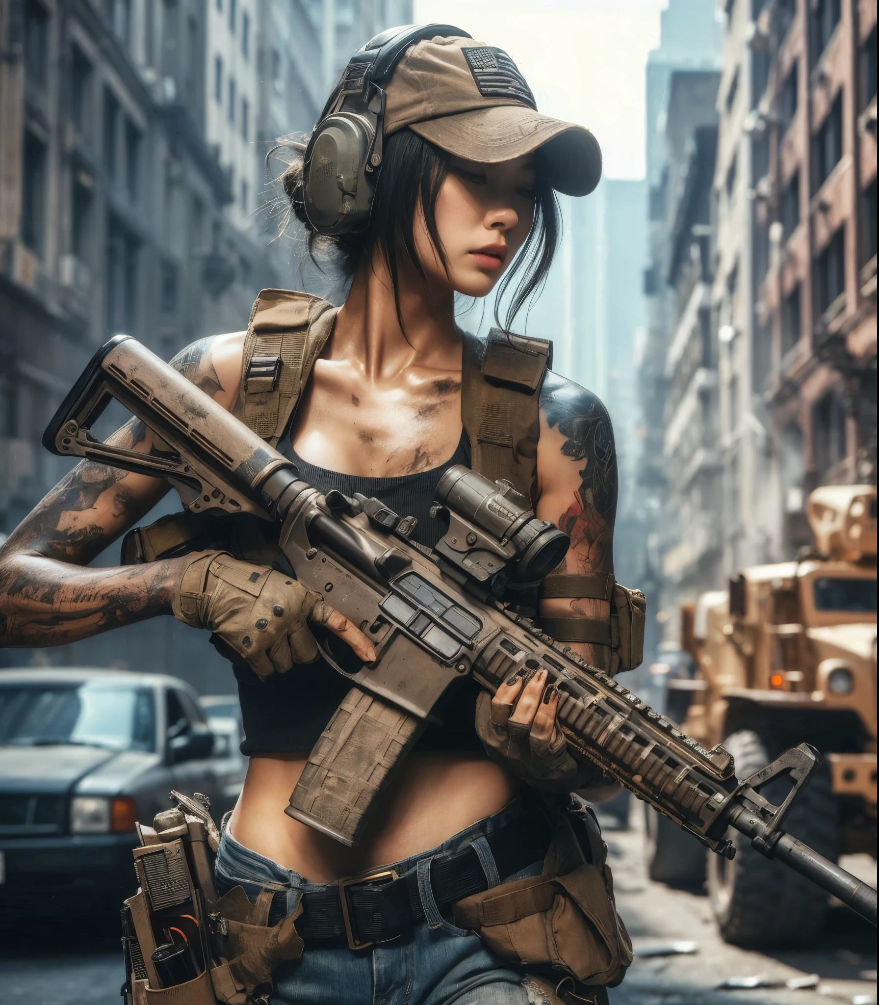 8k,Realistic Photo、Realistic Skin Texture、Superrealism、Japanese women in the U.S. military、Tattoo、cap、tactical pants、Short sleeve shirt、Beauty、American cityscape、Old building、Automatic rifle、Heavy equipment、Covered in scars、It is dirty、muscle、The background is out of focus、While avoiding gunfire aimed at the vehicle、Desperate look、Dramatic composition、action、Fierce Battle、Hold on、Ace