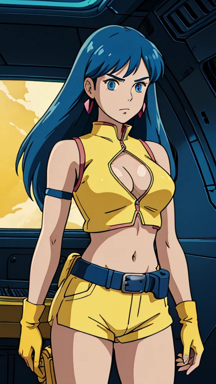 (dirtypairyuri,1girl, long hair,blue hair,earrings,blue eyes, yellow crop top,cleavage cutout,sleeveless,midriff, arm strap, yellow single glove,wristband, yellow micro shorts,clothing cutout,belt,holster), (extremely detailed CG unit 8k wallpaper),(master part), (best quality), (ultra detail), (best illustration),(melhor ombre), cowboy shot, (Sharp eyeliner, ombre, detailed eyes:1), Spaceship bridge, break , (ghibli style), upper body, 