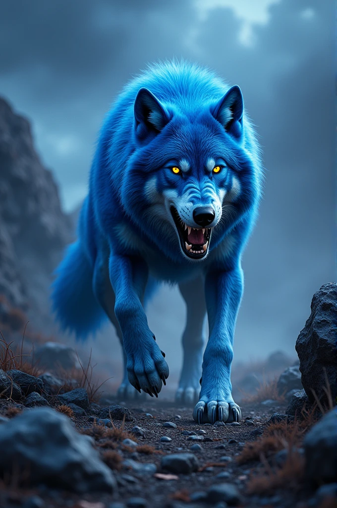 create the image of a very angry blue wolf