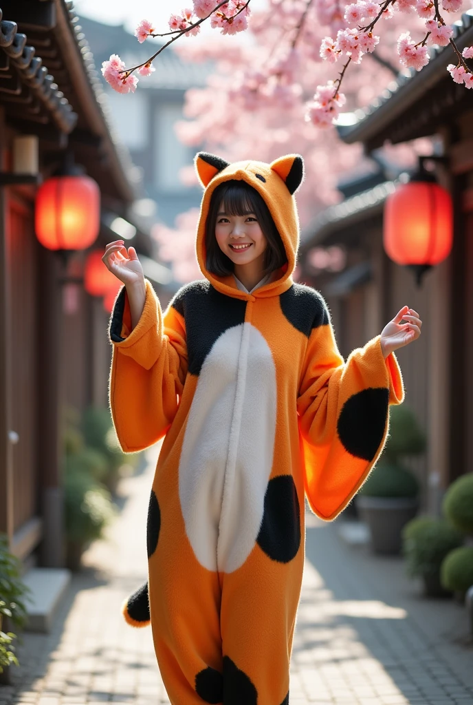 A beautiful middle aged Japanese woman wearing a cat costume with hoodies. The fur pattern should be that of calico cat: patches of white, black, and white. The costume doesn't have a cat face. It should show only above her chest.
