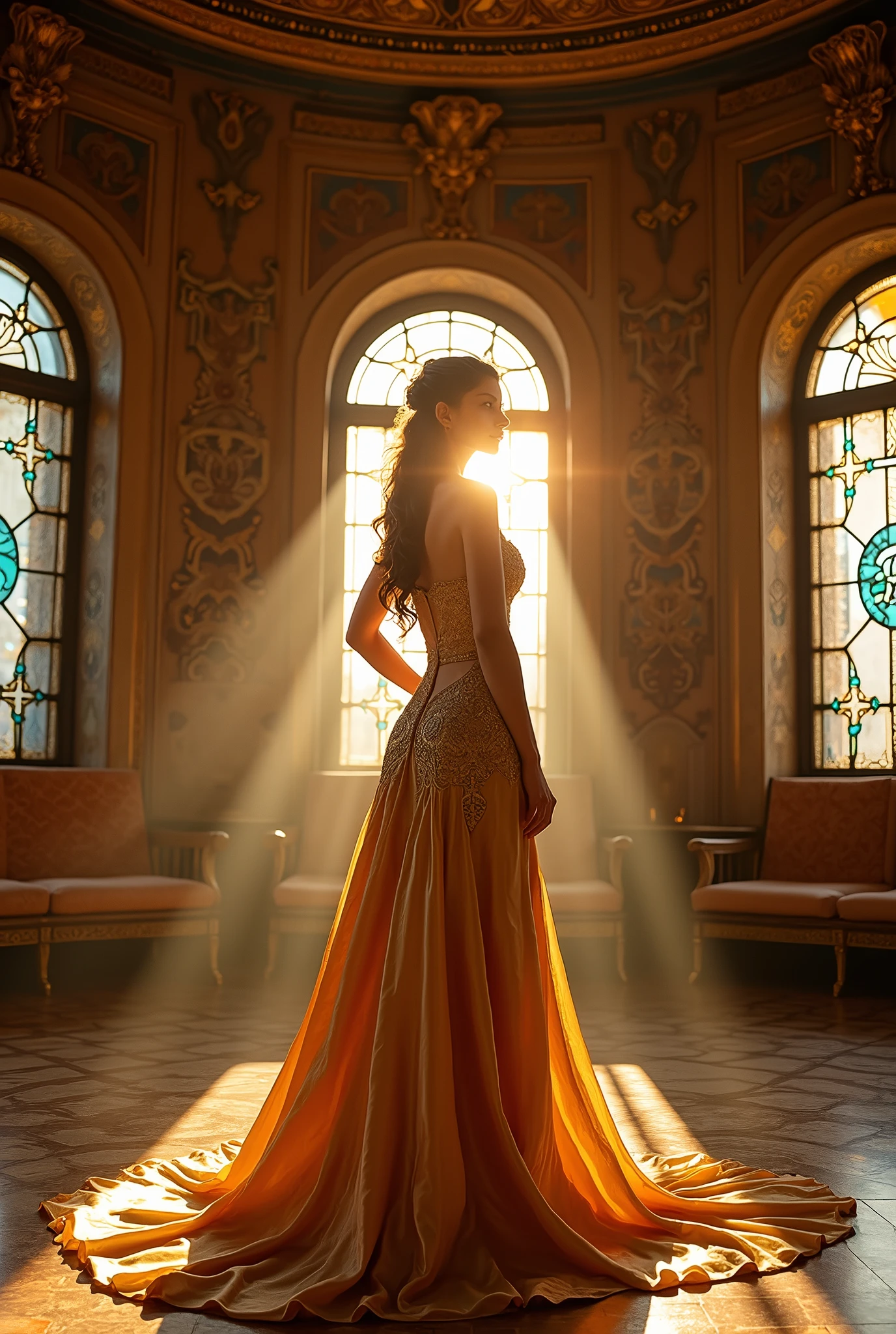 A Byzantine noblewoman, bathed in the warm hues of a setting sun, stands in a lavishly decorated chamber. Dressed in a shimmering silk gown, she strikes a pose that emphasizes her hourglass figure. The soft, diffused light casts long shadows, creating a sense of mystery and allure.