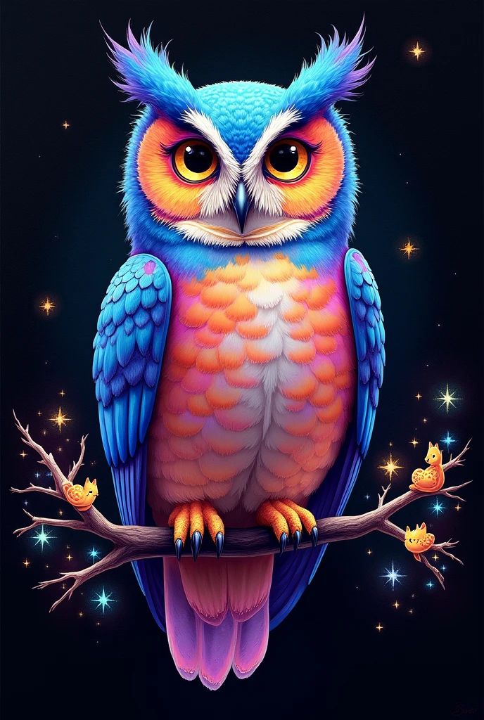 Painting of a colorful owl on a black background,, Stunning rendering, In a spoke connection, Inspired by Kinuko Y. Technology,, Magic Elements, Kitten Icon, Wow, is beautiful, Cast colorful magic, bright flash, flash