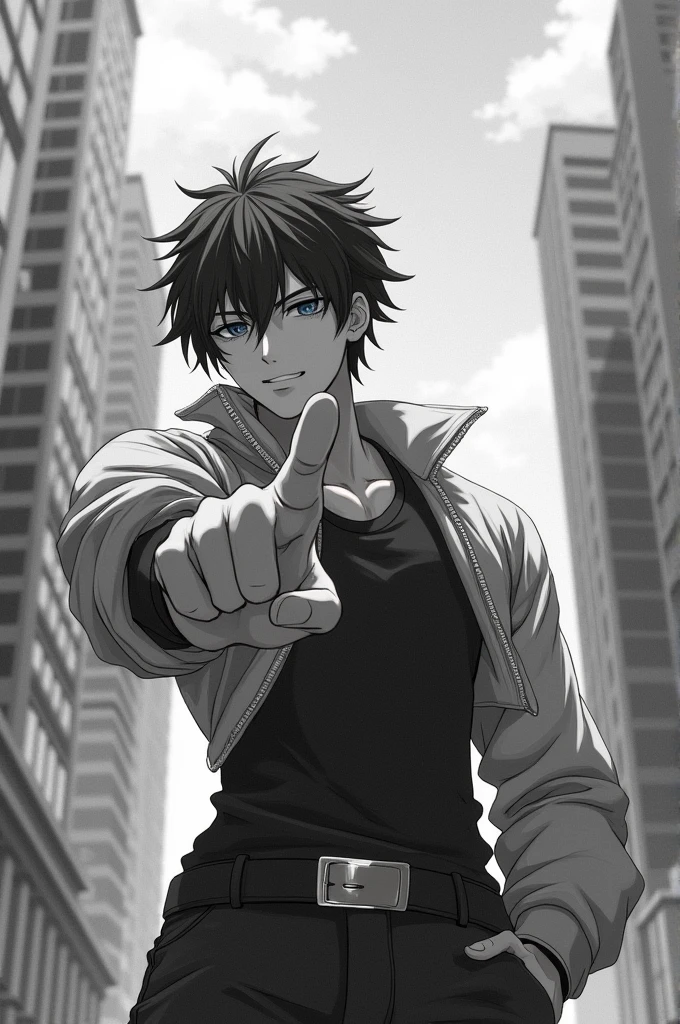 A confident 18-year-old male standing in the middle of a cityscape, depicted in a Japanese anime style. The background is in black and white. He has a full-body pose with his hand extended forward, exuding a sense of confidence.