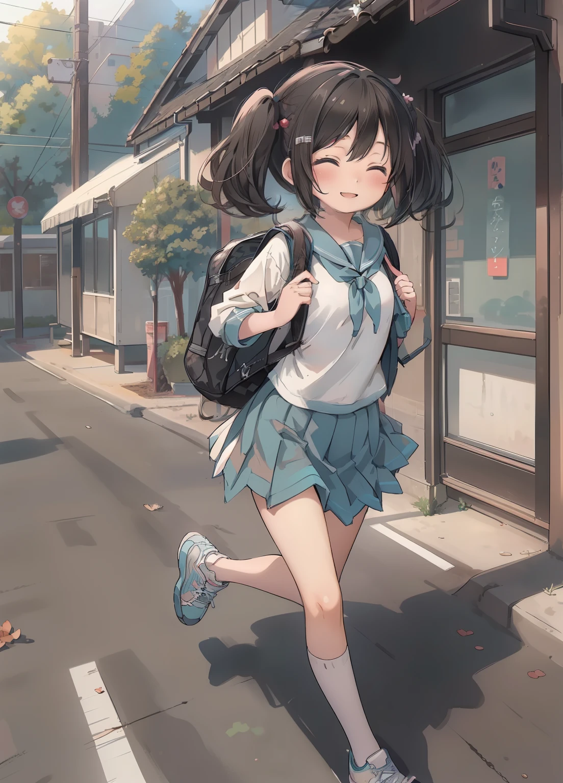 (masterpiece、Highest quality、Highest quality、Official Art、Beautiful and beautiful:1.2)、(One person:1.3)Hatsune Miku、Twin tails,Beautiful breasts, Katsushika Hokusai,masterpiece, Highest quality, plural, Backpack, bag, Three people, skirt, close your eyes, Black Hair, school bag, Open your mouth, short hair, Brown Hair, Outdoor, smile, sneakers, Twin tails, shoes下, shoes, child, road, walk, wood, Day, ^_^, short Twin tails, running