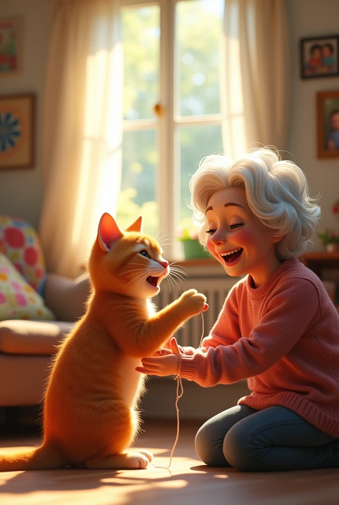 Pictures 3d realistik The orange cat plays with the old grandmother, they are very happy playing together