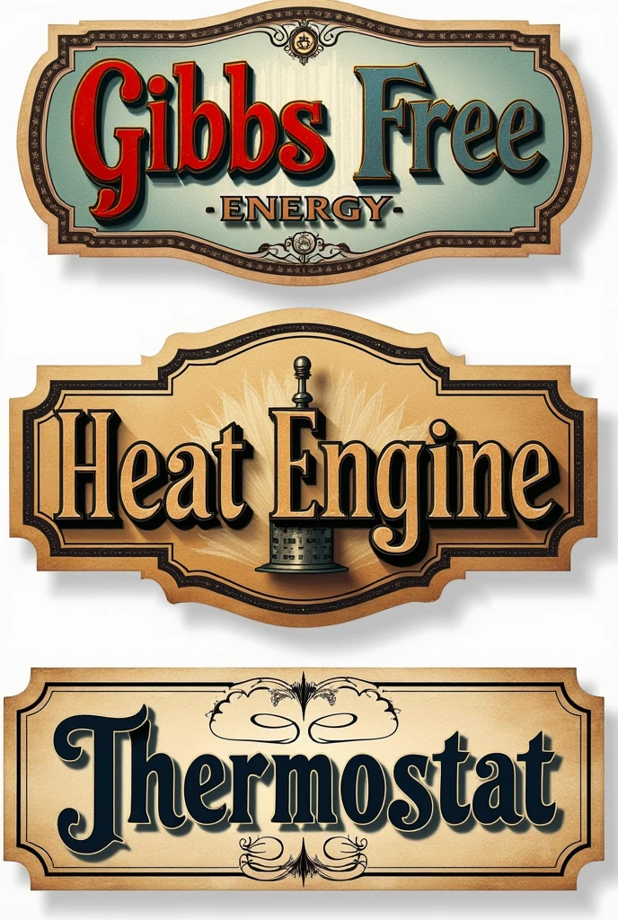 generate this pictures into vintage style word stickers: 
Gibbs Free Energy
Heat Engine
Thermostat








