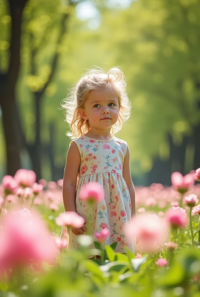 Fille blonde de 8 ans pas très belle prise en photos dans un parc. 