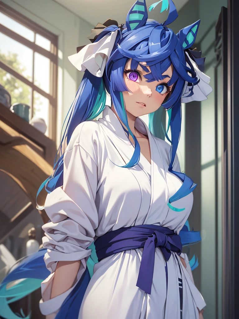 (masterpiece、top-quality、hight resolution、Unity 8k、extremely details CG:1,Best Picture), Twin_Turbo_Umamusume, aqua hair, twintails, ((heterochromia, purple eyes, blue eyes, horse ears, horse girl)), sharp teeth, A woman tightly dressed in a fluffy white bathrobe. The robe is neatly tied and covers the body well, with no areas of bare or visible skin. The texture is soft and thick, giving the impression of comfort. (((White bathrobe with no pattern or design, bathrobe over naked))), steam