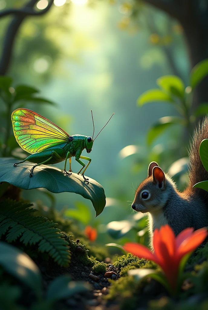 Grass hopper with squirrel in jungle