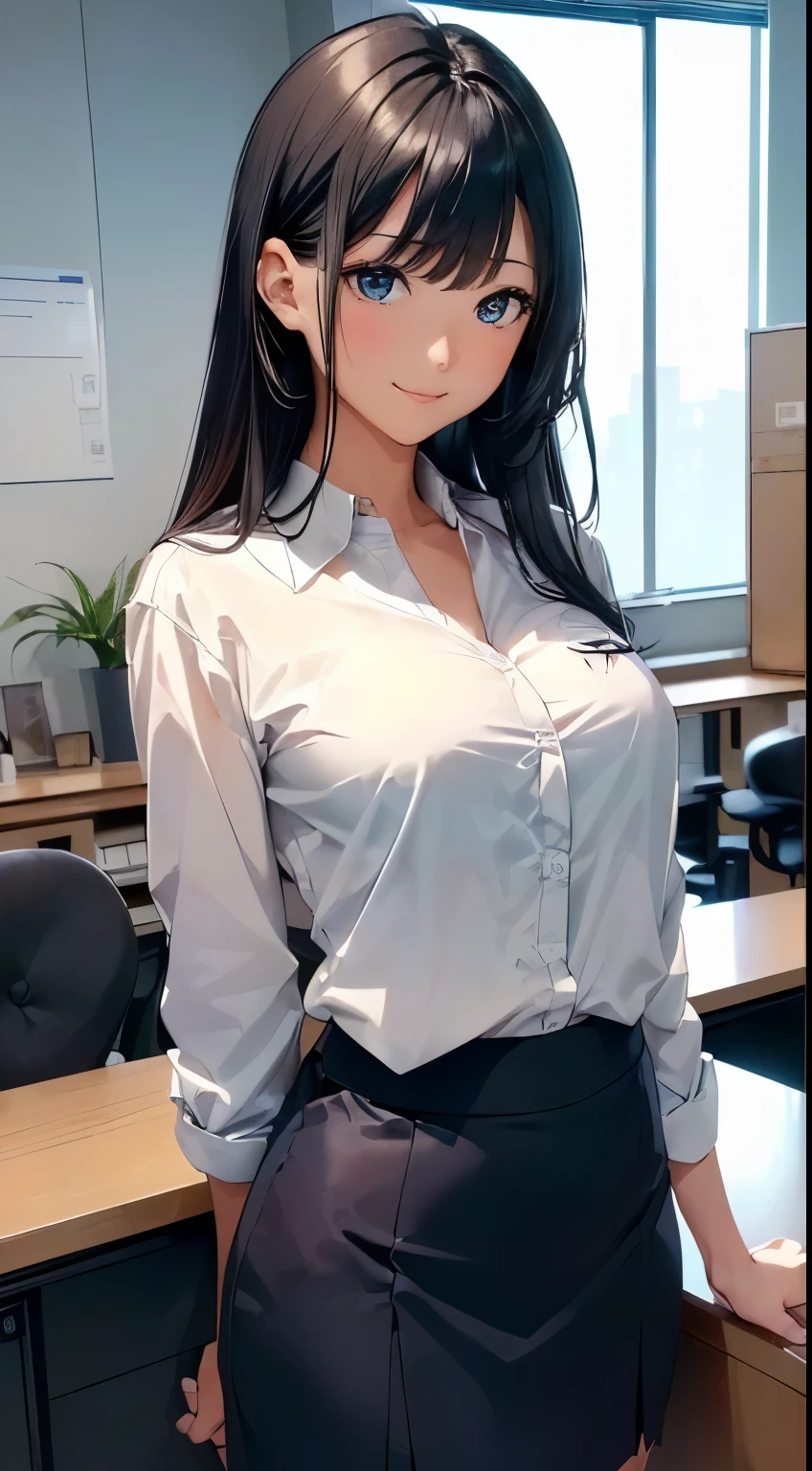 masterpiece, Highest quality, 非常にdetailedな CG Unity 8K 壁紙, Ultra-realistic 8K CG, Perfect artwork, Dramatic Shadows, (Spotlight, Perfect lighting, detailedな光, (((3人の同僚と一緒にofficeで仕事をしている女性))), A woman is looking at a computer, office, ((Black Hair, Straight hair)), Model body type, Ample breasts, (Cute Face), (White blouse with collar,The chest buttons are closed), beautiful顔, (beautiful胸のライン:1.2), beautiful, Exquisite features outline a perfect face, Natural Beauty, thin, 軽やかでbeautiful太ももの表現, officeレディ,Navy blue tight skirt, A kind smile, Women who can work, detailed, Realistic Light and Shadow, 8k resolution, Professional Lighting, (Glowing Skin:0.9), Perfect hands,