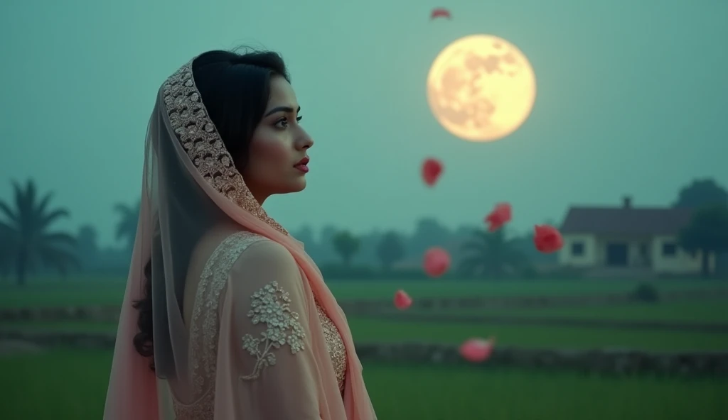 For a thumbnail image based on the song "Tere Bina," here’s a detailed prompt:
"A beautiful Punjabi woman, dressed in a flowing traditional outfit with a soft, pastel-colored dupatta draped over her head, stands under a moonlit sky. Her expression is a mix of longing and sadness, with a tear glistening on her cheek. She is surrounded by a serene rural landscape with lush green fields and a small village in the background. The moon is full, casting a gentle glow that illuminates her face, highlighting her deep emotions. In the foreground, delicate rose petals float in the air, symbolizing her love and sorrow., creating a dreamy and melancholic atmosphere."
This prompt captures the essence of a Bollywood-style Punjabi love song in a visually compelling way.