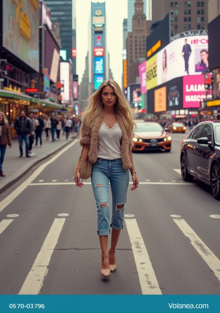 A ((woman)) ((walking)) ((confident)) walks down the street with a ((huge ass)) is in the center of a ((busy city)) and her presence radiates ((look of admiration. ))