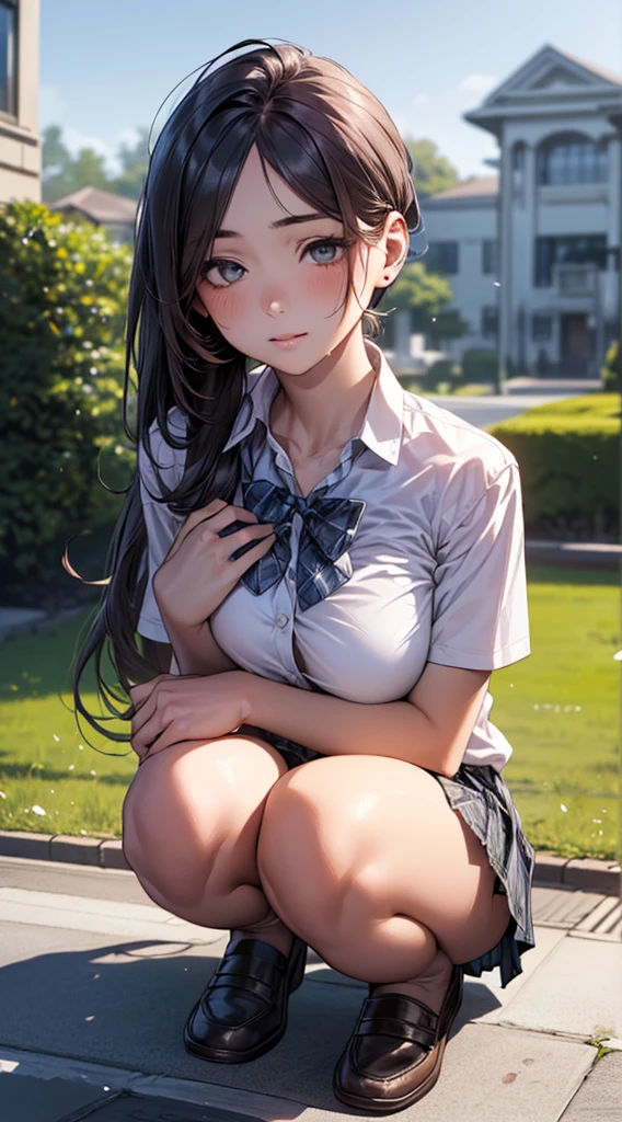 (masterpiece:1.2, top-quality), (realistic, photorealistic:1.4), beautiful illustration, 
looking at viewer, full body, front view:0.6, 
1 girl, japanese, high school girl, (long hair:1.5), blown hair, (side ponytail), hair over one eye, large breasts:0.8, 
beautiful hair, beautiful face, beautiful detailed eyes, beautiful clavicle, beautiful body, beautiful chest, beautiful thigh, beautiful legs, beautiful fingers, 
(beautiful scenery), school,
((collared short sleeve shirt, white shirt, , grey plaid pleated skirt, blue plaid bow tie)), white panties, 
(squatting, , lift up skirt, grab the hem of the skirt, hands on chest, hand between leglush, ,