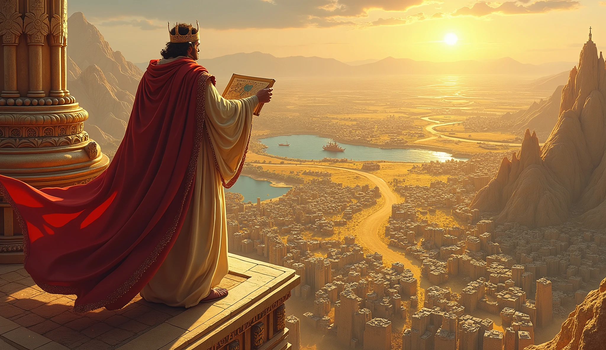 Create an image of Solomon on a watchtower atop his palace, looking at different areas of your kingdom. Each area must represent a type of investment: cultivated lands, gold mines, markets full of goods, and busy ports. Solomon must have an open map in his hands., showing different trade routes and strategic investment locations. The scene should convey the idea that with diversification and planning, he is prepared for any financial challenge that may arise.