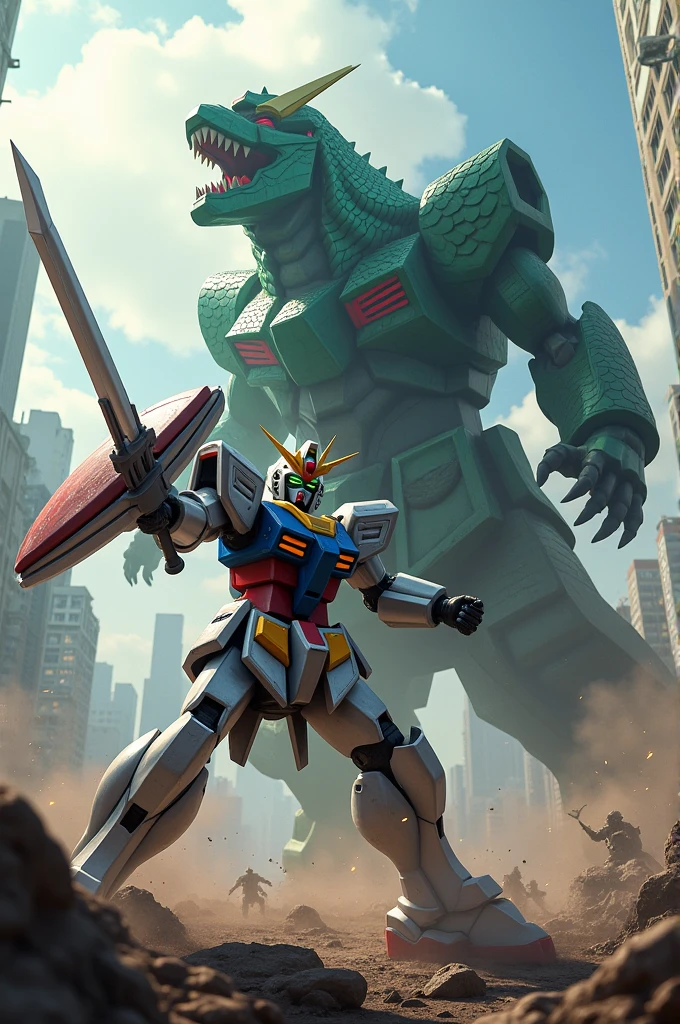 A cool Gundam holding a sword and shield fighting a Kaiju.