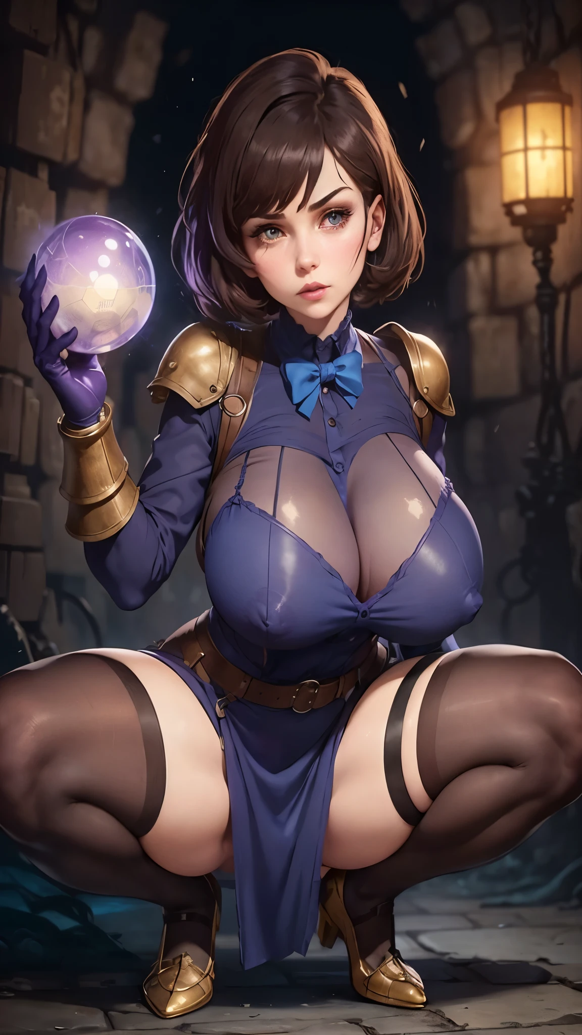 Elizabeth, huge boobs, big hips, (BioShock style), face detailing, ultra quality, (blue purple light), ((dark brown shirt mini dress, see through)), ((see through)), jacket, belts, face detailing, ultra quality, stockings, ((huge puffy nipple)), (squatting), in catacombs, magic sphere, (strange armor)