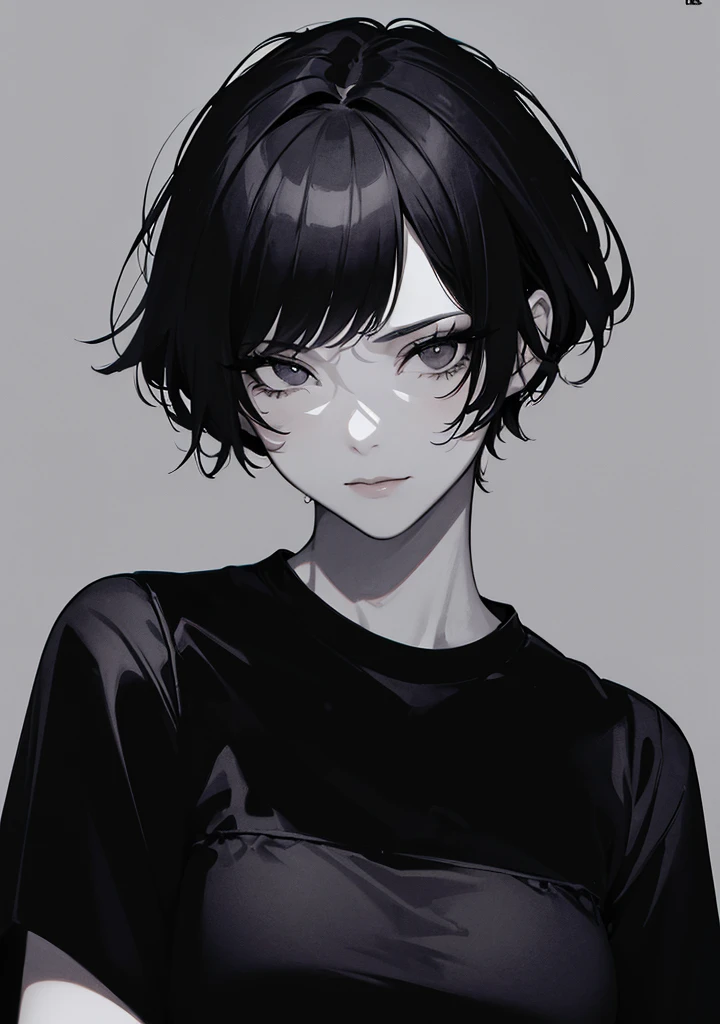 1girl, solo, monochrome, greyscale, short black hair, portrait, sharp eyes, white T-shirt, closed mouth, looking at viewer, sketch, graphite \(medium\), detailed lips, hatching \(texture\), without makeup, bangs, upper body, (best illustration), (best quality), (very detailed), (masterpiece), expressionless,