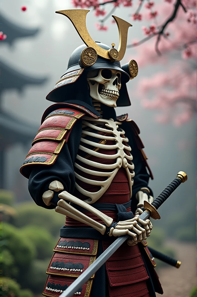 A skeleton wearing traditional Japanese armor