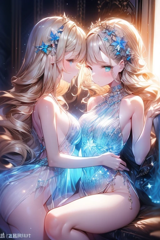 (2girls a&b),
sparkling light, bedroom, night, Dom Peri, glass cups, bottles,table,bed,sitting,  chemise dress, see-through, delicate embroidery, (yuri:1.5), (love_affair:1.6), 
(girl b=(silver long hair,Blue eyes,,(slender, Small bast),flower hair ornament,braided bangs,blush,)),
BREAK,
(girl a=(blonde long wavy hair,green eyes,20 years old,(large bast),blush,)),
looking at viewer