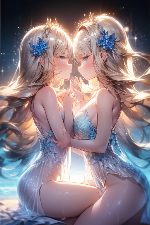 (2girls a&b),
sparkling light, bedroom, night, Dom Peri, glass cups, bottles,table,bed,sitting,  chemise dress, see-through, delicate embroidery, (yuri:1.5), (love_affair:1.6), 
(girl b=(silver long hair,Blue eyes,,(slender, Small bast),flower hair ornament,braided bangs,blush,)),
BREAK,
(girl a=(blonde long wavy hair,green eyes,20 years old,(large bast),blush,)),
looking at viewer
