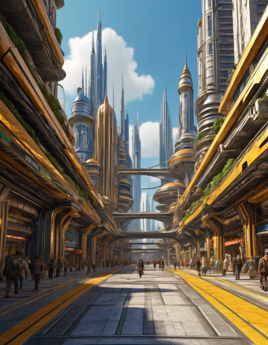 On an unknown planet lies a futuristic fantasy city with immense technologically designed buildings. (that form an infinite avenue), non-blurred compactor buildings, with silver glazed structures, spectacular gold and bronze, (with bright colors). sunny pavement (dull). people walking. (similar a coruscant de star wars). well defined image with many buildings together. sharp well defined 8k image. the buildings reach high into the background.,8k. cinematographic image.