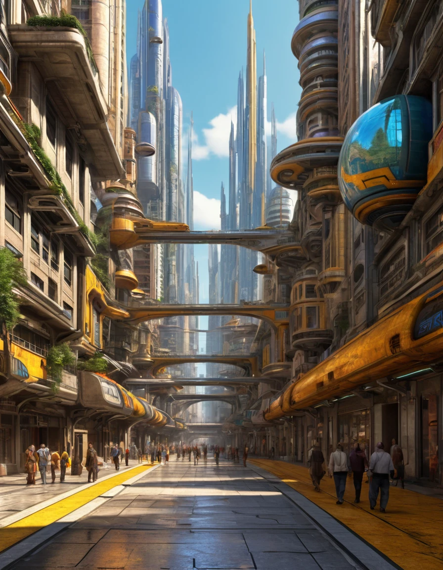 On an unknown planet lies a futuristic fantasy city with immense technologically designed buildings. (that form an infinite avenue), non-blurred compactor buildings, with silver glazed structures, spectacular gold and bronze, (with bright colors). sunny pavement (dull). people walking. (similar a coruscant de star wars). well defined image with many buildings together. sharp well defined 8k image. the buildings reach high into the background.,8k. cinematographic image.