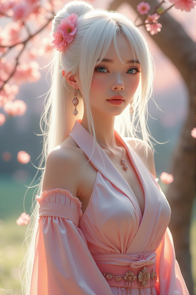 White-haired Japanese beauty Age: 20s Blue eyes Good style、Big breasts, beautiful legs, whole body