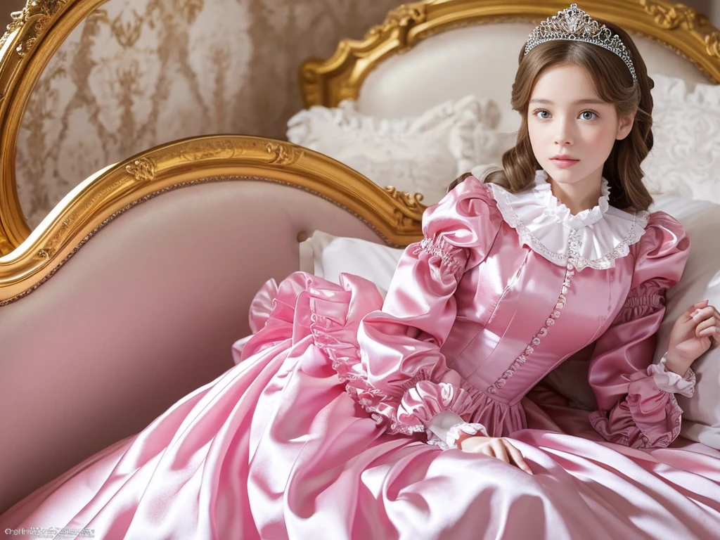 ,highest quality, masterpiece, highest resolution, artwork, super それにget used to it, many get used to it, get used to it, それにget used to it, 3k realistic pictures,,(( girls)),Ultra-detailed juvenile face,three are princesses,full length ball gown dress with hoop skirt,ruffled yoke collar,puff sleeves,long sleeve,((Lolita style hot pink detailed princess satin dress with lots of ruffles and ribbons)),Rococo style lolita fashion,shiny satin dress,Soft and smooth fabric,luxury,long blonde hair,blue eyes,white skin european,Pajama,((in the bedroom)),luxury princess canopy frilled bed,super detailed bed,lying on the bed,High-quality background,