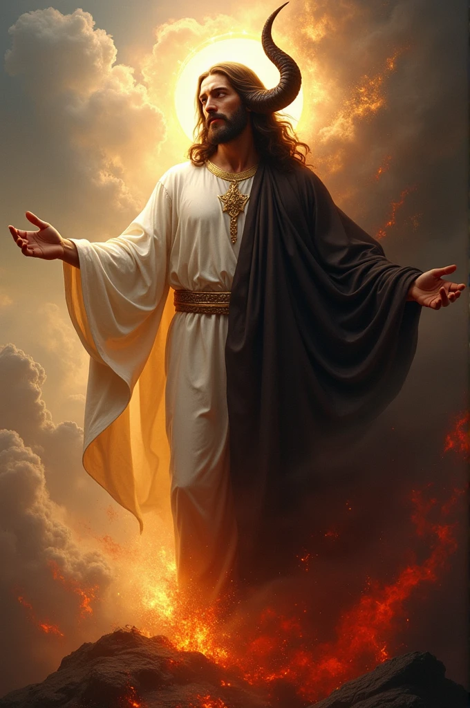 Make a representation about good and evil, On one side a traditional Jesus Christ and on the other Satan